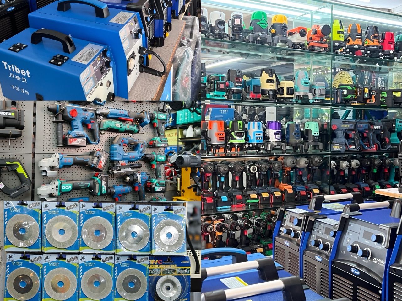 Industrial machinery including cranes, welding machines, air compressors, filling machines, and factory equipment